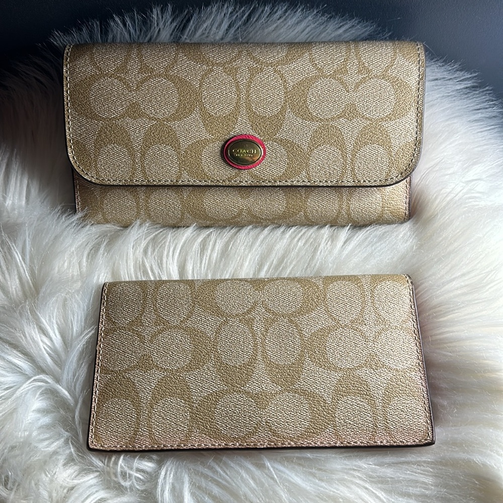 Coach Signature Coated Canvas Full Size PVC Checkbook Wallet Khaki / Pink Ruby - Picture 8 of 12